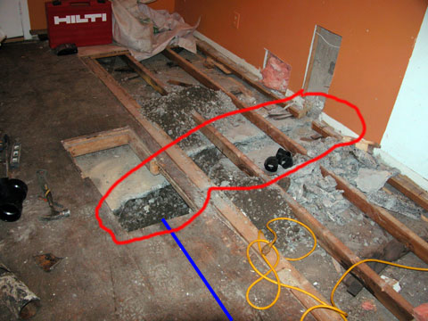 Outlined in red is the escavation area. The floor drain runs along the blue line.